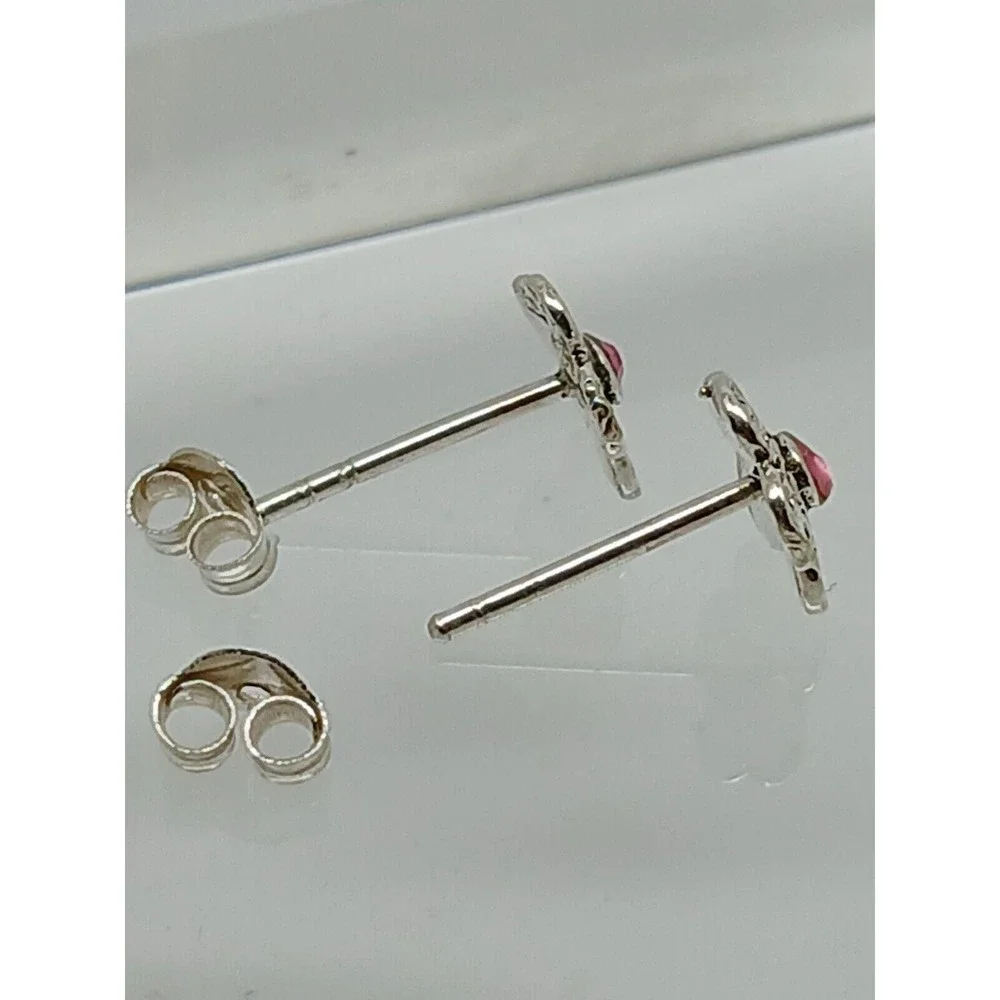 925 Sterling Silver Pink Filigree Flower Stud Earrings Vintage 1990s Floral Post